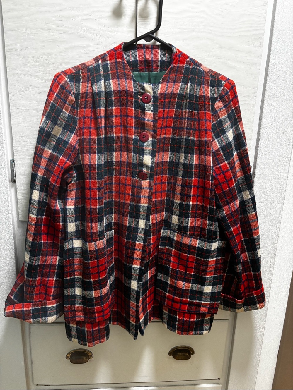 Wool Red Plaid Women’s Button-Front Coat Jacket